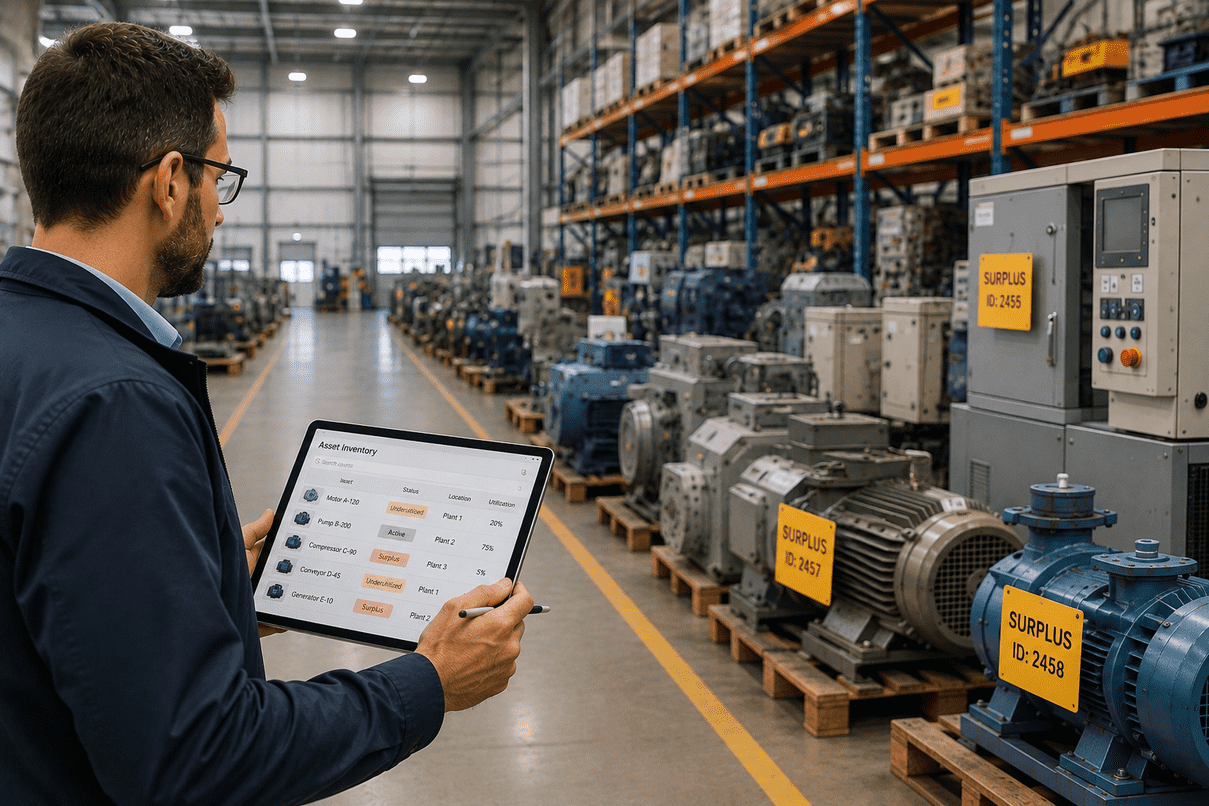 Worker reviewing an asset inventory on a tablet while inspecting surplus industrial equipment and machinery stored across a warehouse facility.
