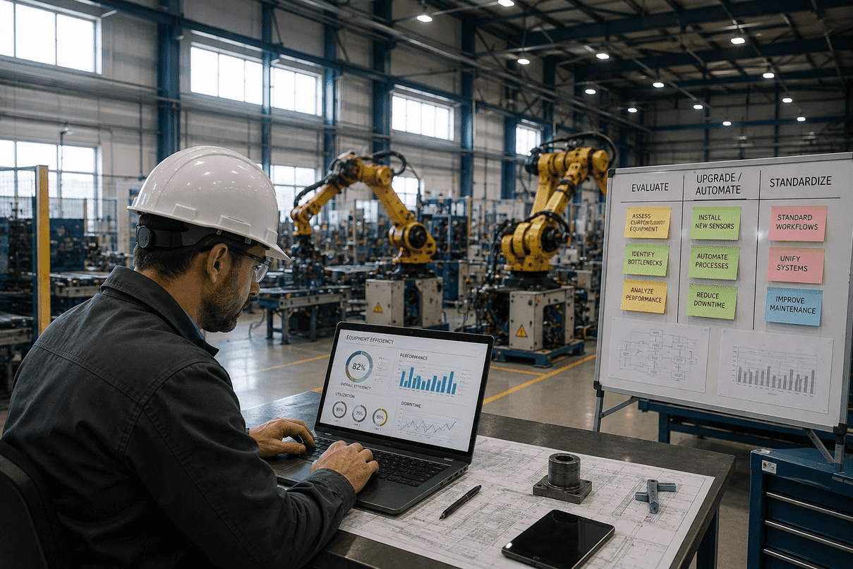 Engineer reviewing equipment efficiency data in a modern automated factory with robotic machinery and an optimization planning board.