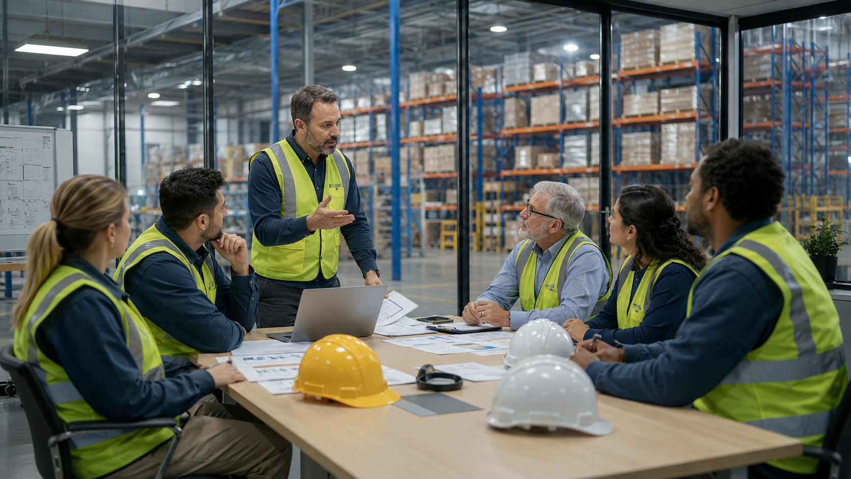 Warehouse team discussing consolidated inventory management around a table, with a manager presenting plans as employees listen and review documents.