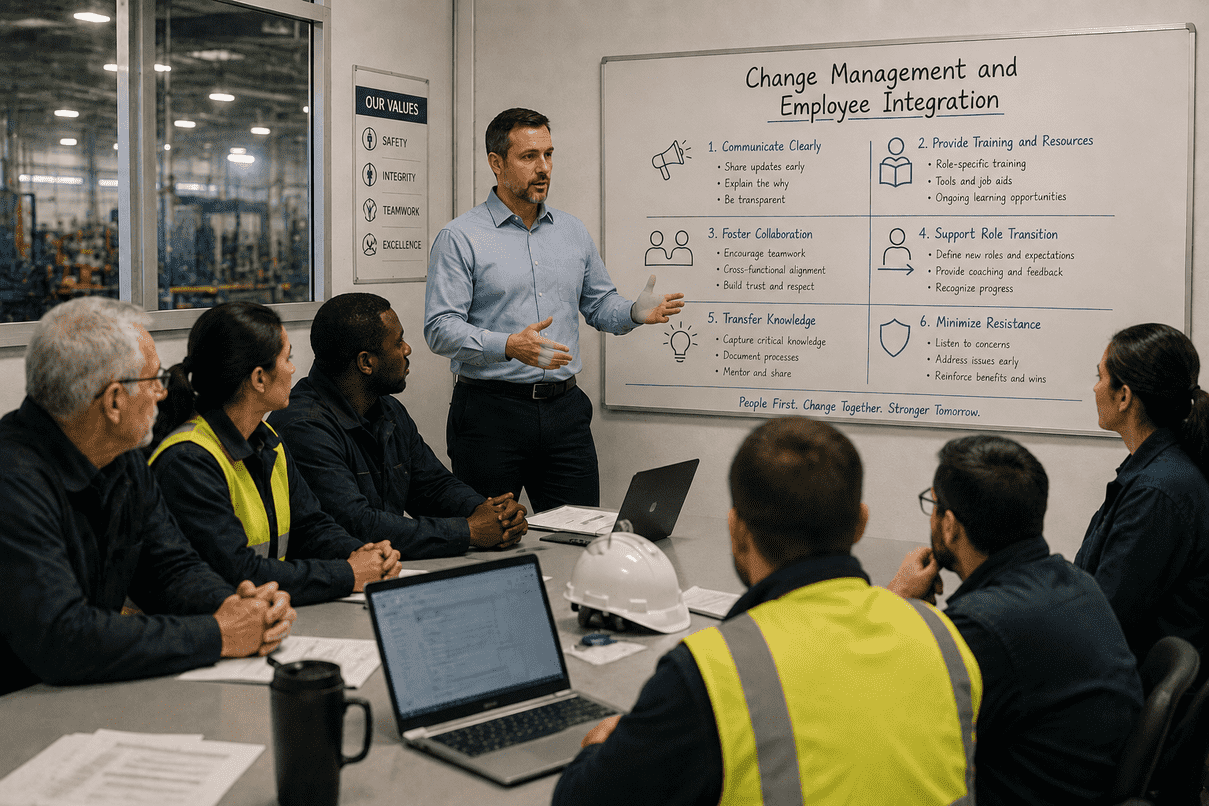 Manager presenting change management and employee integration strategies to a manufacturing team, focusing on communication, training, collaboration, knowledge transfer, and employee support.