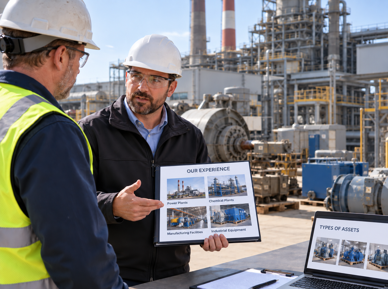 Industrial professionals reviewing equipment experience and asset types at a large manufacturing facility.
