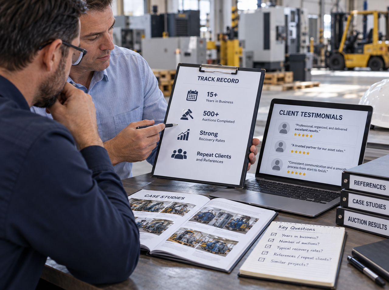 Industrial asset managers reviewing an auction company’s track record, case studies, repeat clients, references, and recovery results.