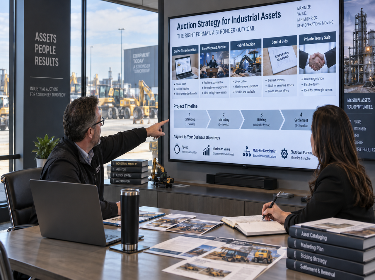 Industrial professionals reviewing auction formats, bidding strategies, and project timelines for industrial asset sales.