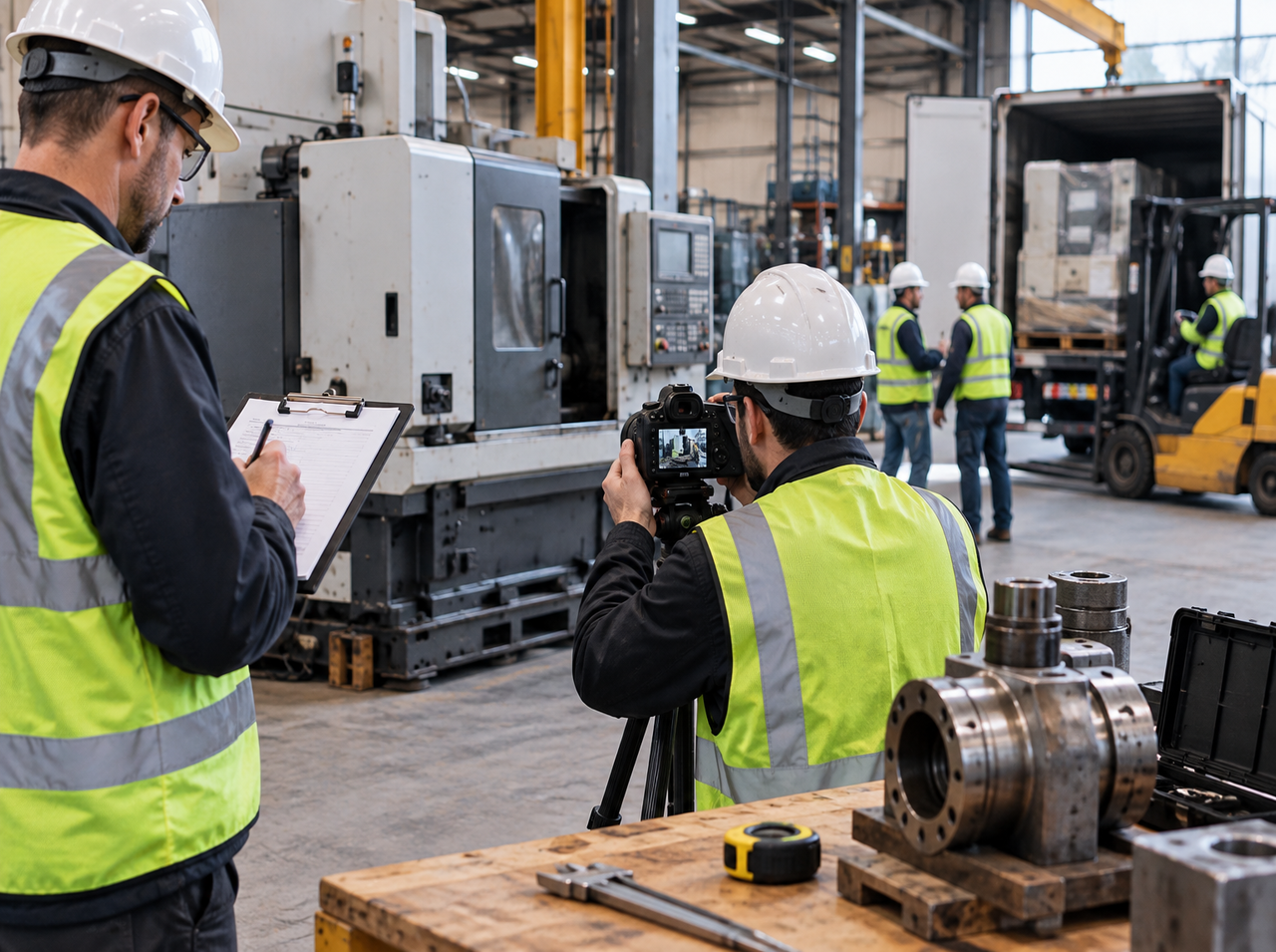 Industrial workers documenting and photographing CNC machinery during an equipment inspection and removal process.