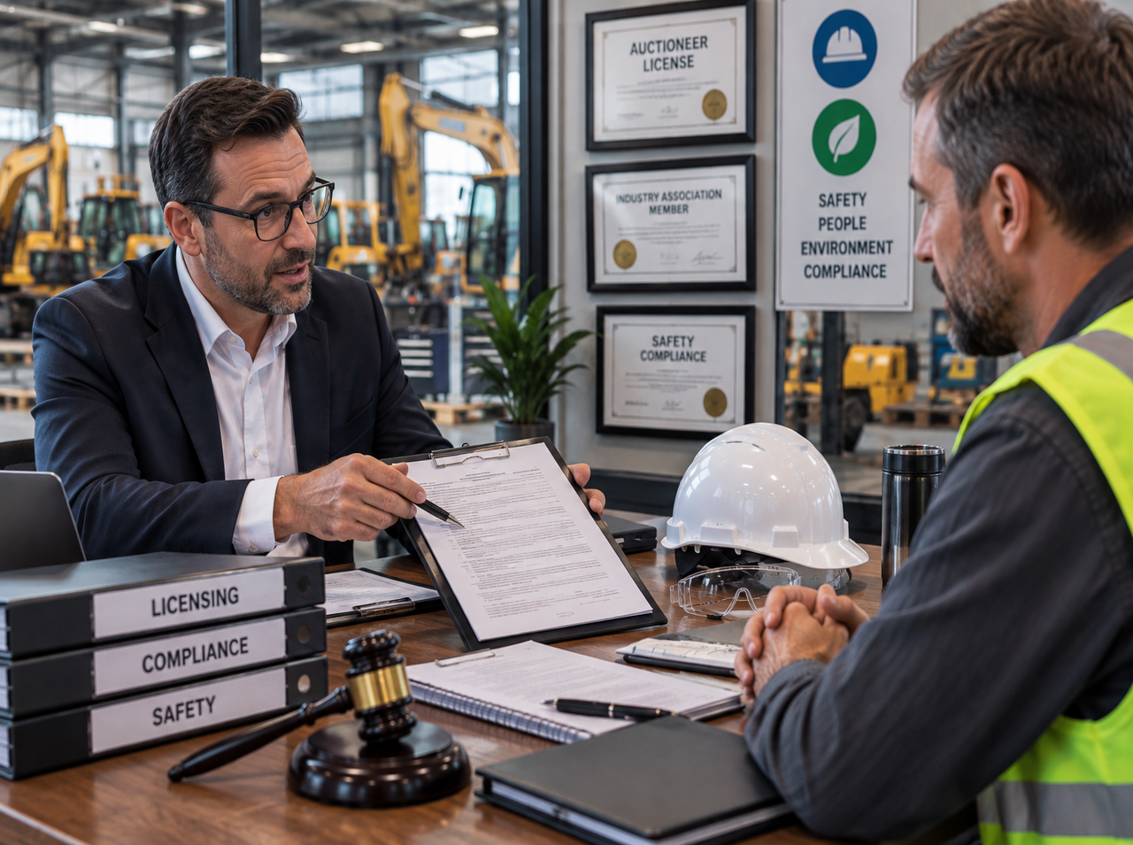 Industrial professionals reviewing auctioneer licensing, safety requirements, and compliance documentation at an equipment facility.