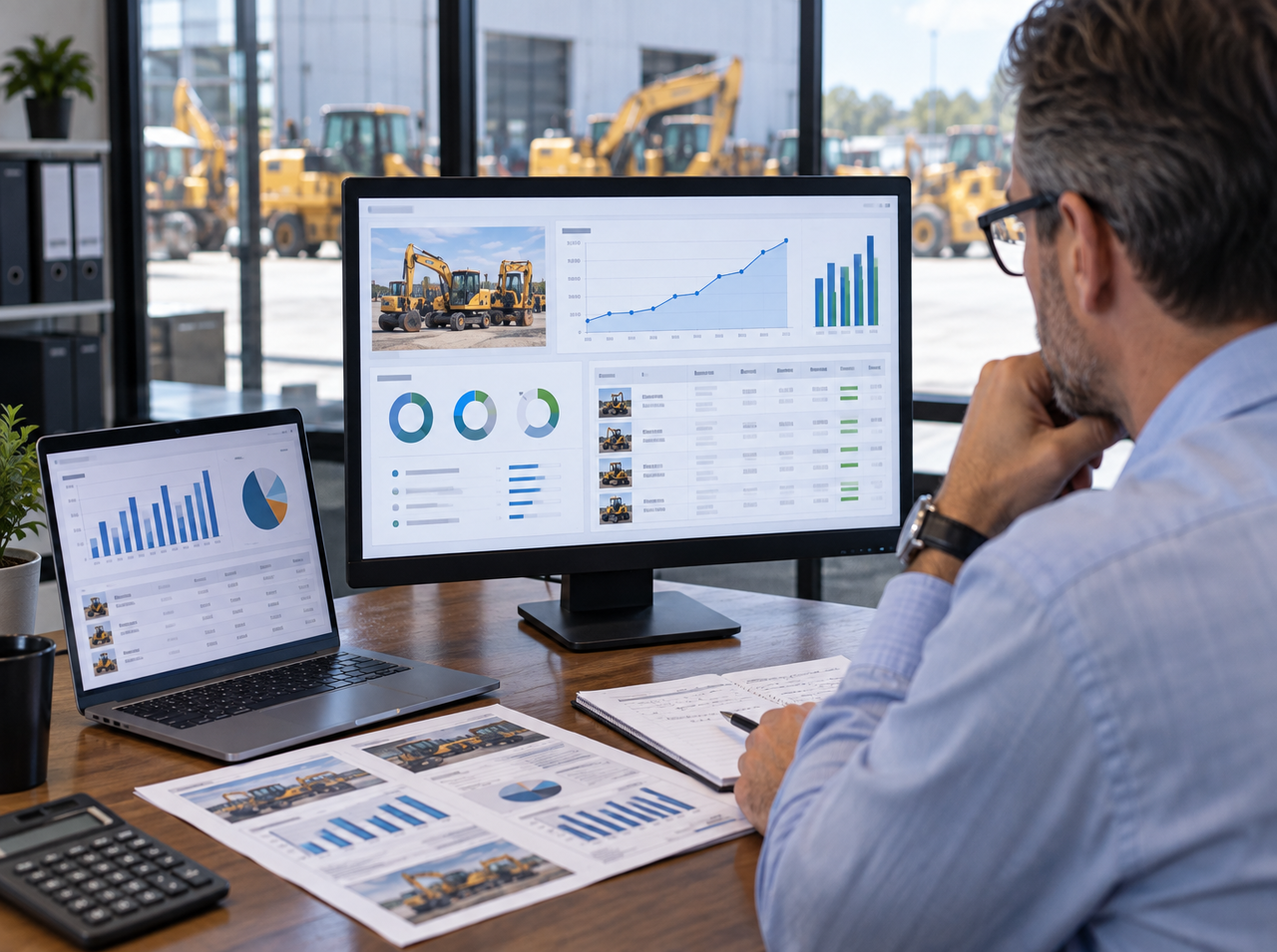 Industrial asset professional reviewing equipment sales performance, buyer activity, and reporting data on digital dashboards.