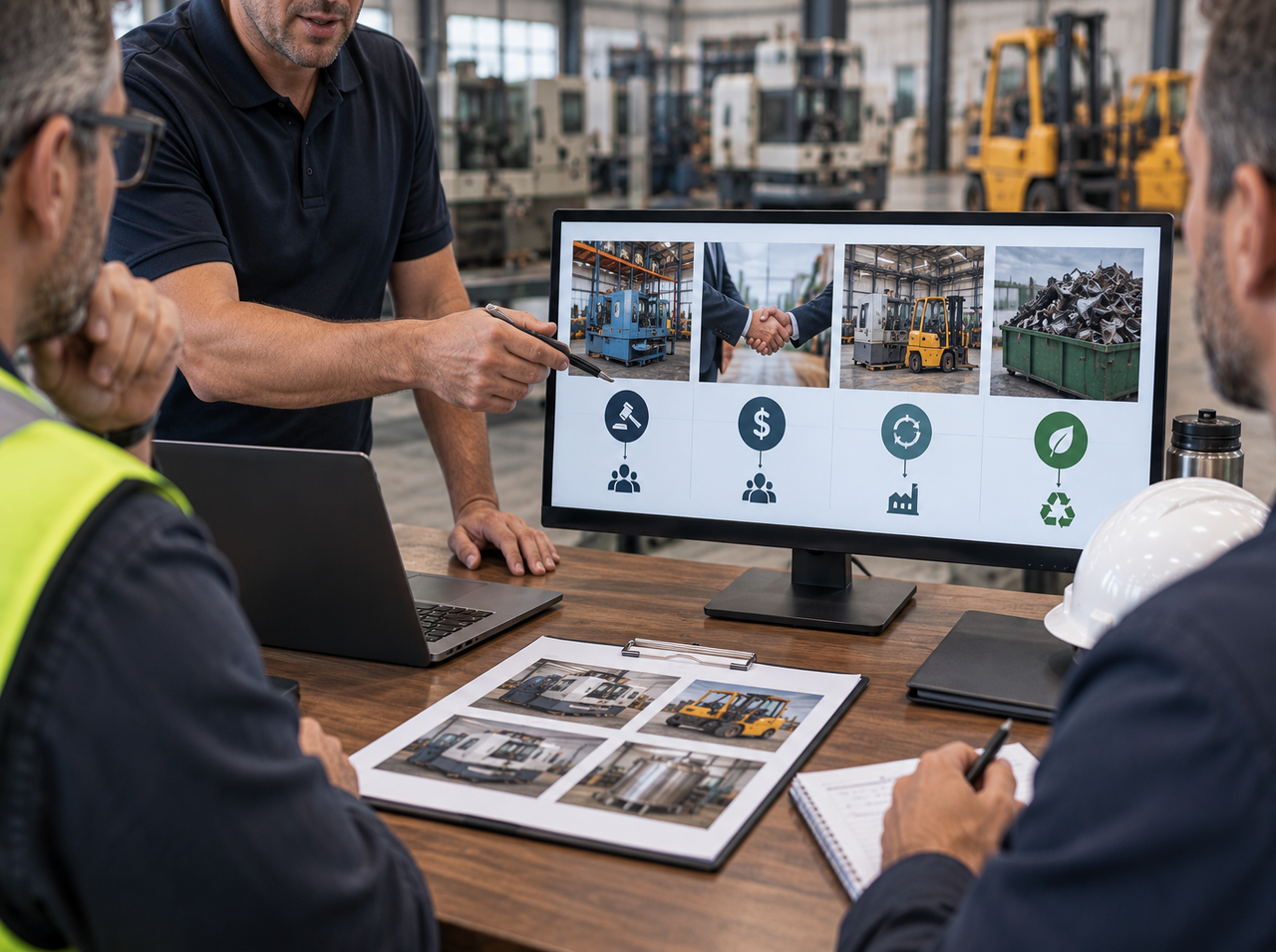 Industrial professionals reviewing auction, direct sale, redeployment, and recycling options for surplus equipment disposition.
