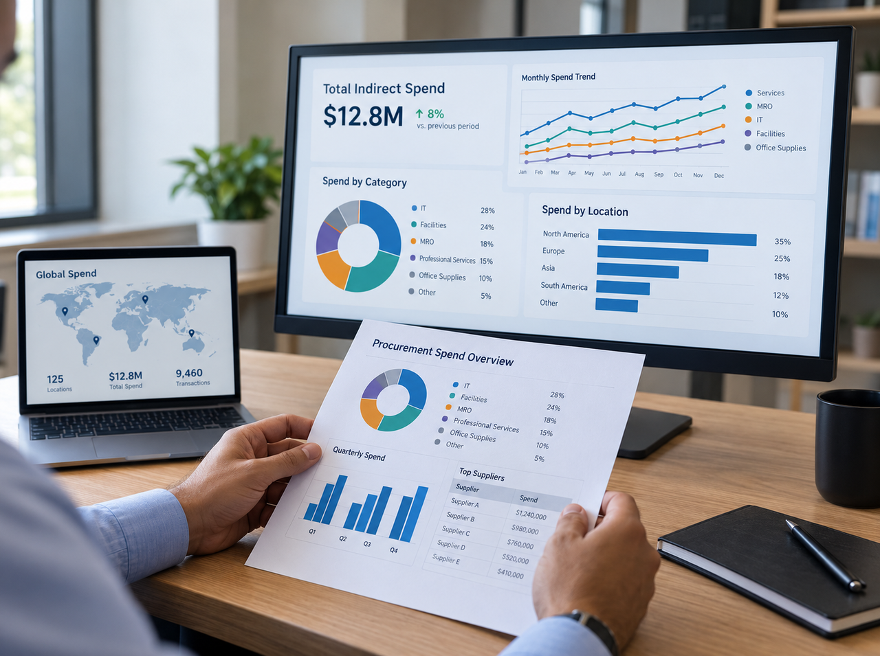 Procurement professional reviewing a centralized spend dashboard showing indirect spend by category, location, supplier, and monthly trend.