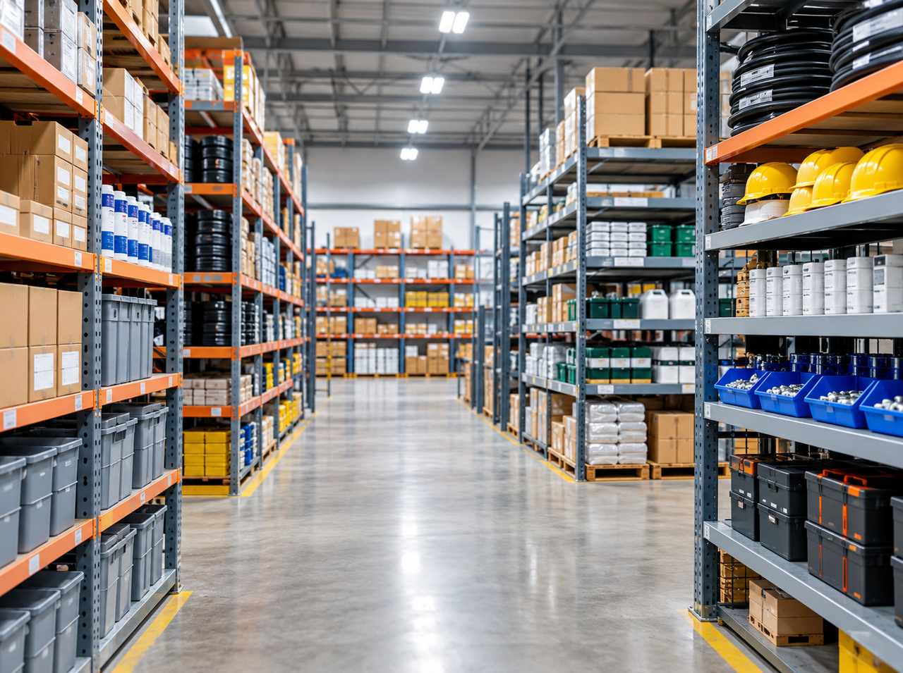 Warehouse shelves stocked with MRO supplies, safety equipment, and facility materials, representing supplier rationalization in indirect procurement.