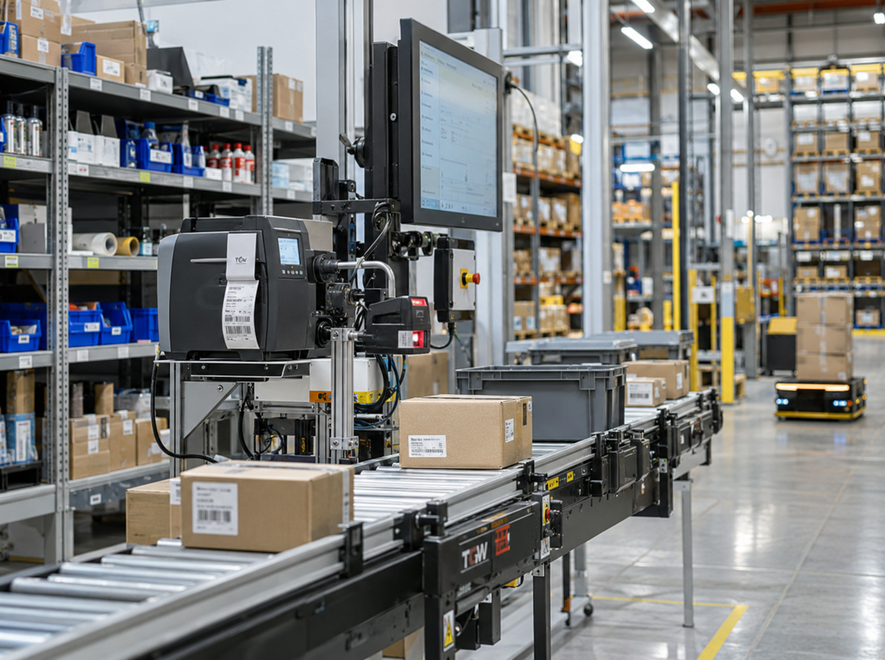 Automated warehouse conveyor and digital tracking system processing indirect procurement orders, representing digitalization and process automation.