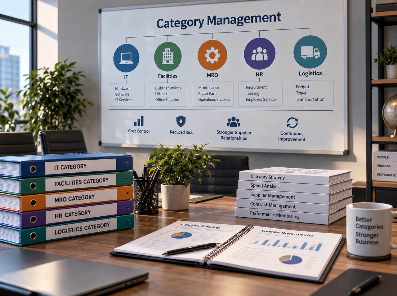 Category management workspace organizing indirect procurement spend across IT, facilities, MRO, HR, and logistics categories to improve cost control and supplier management.