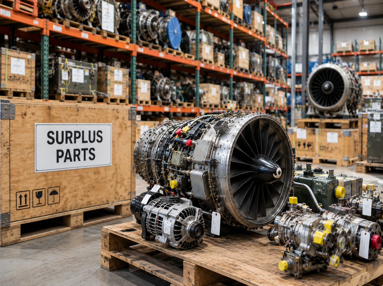 Surplus aircraft engine components and industrial parts stored for resale, representing liquidation-based procurement and cost-effective sourcing.