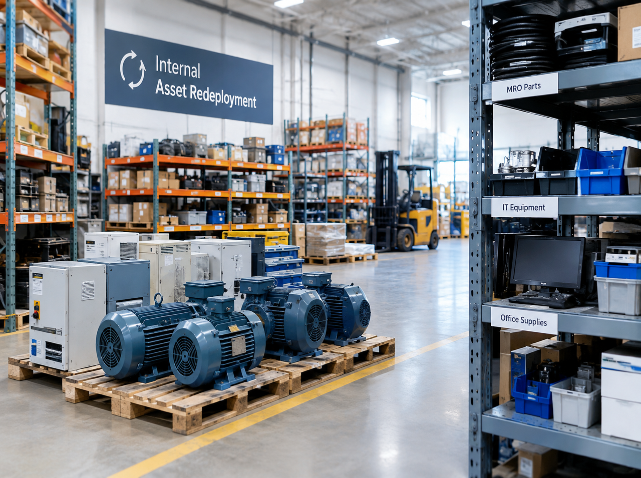 Industrial equipment, MRO parts, and IT assets organized for internal redeployment to reduce new purchases and extend asset life.