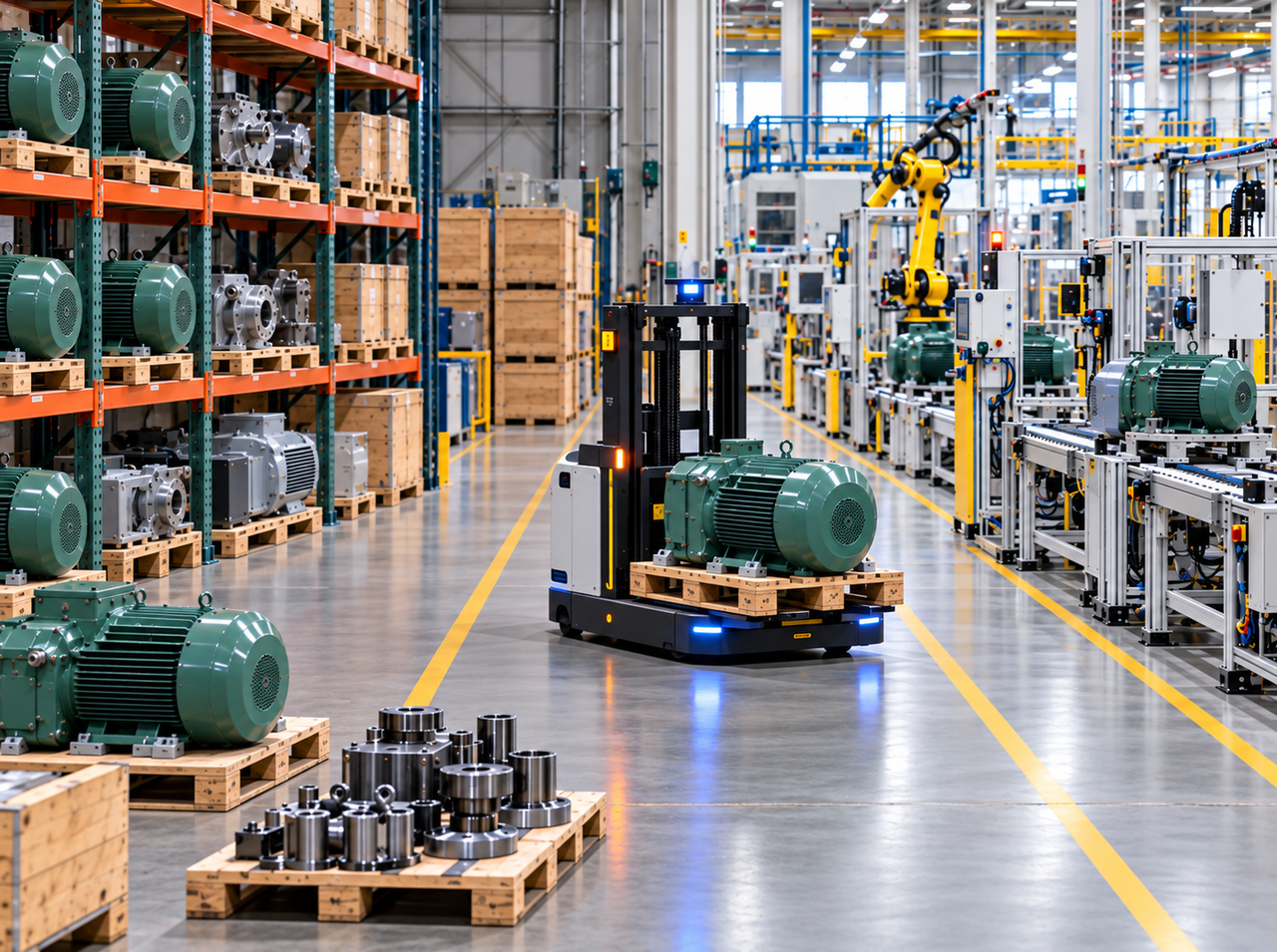 Industrial equipment being redeployed within a manufacturing facility, with a motor transported from storage to a production line for continued use.