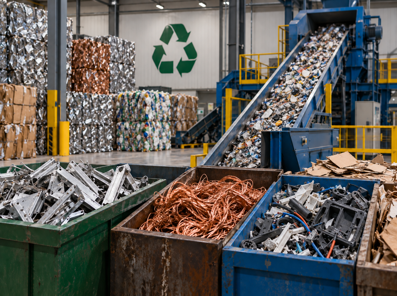 Industrial recycling facility sorting steel, aluminum, copper wiring, plastic components, and cardboard for material recovery and reuse.