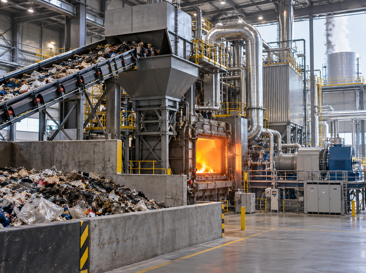 Waste-to-energy facility processing non-recyclable industrial waste to generate heat and electricity while reducing material sent to landfill.