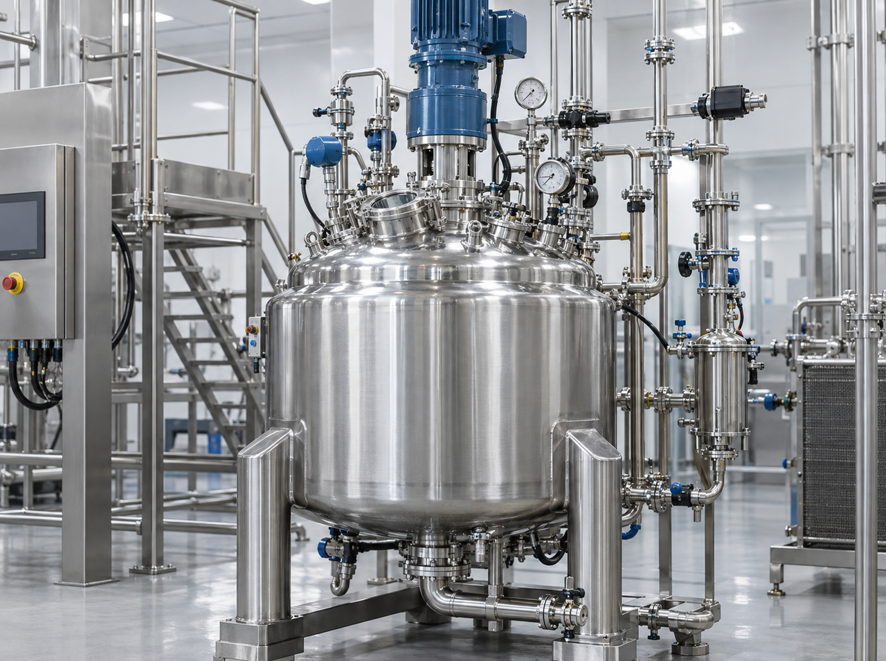 Stainless steel pharmaceutical reactor vessel with agitator, pressure gauges, valves, and connected process piping in a pharmaceutical production facility.