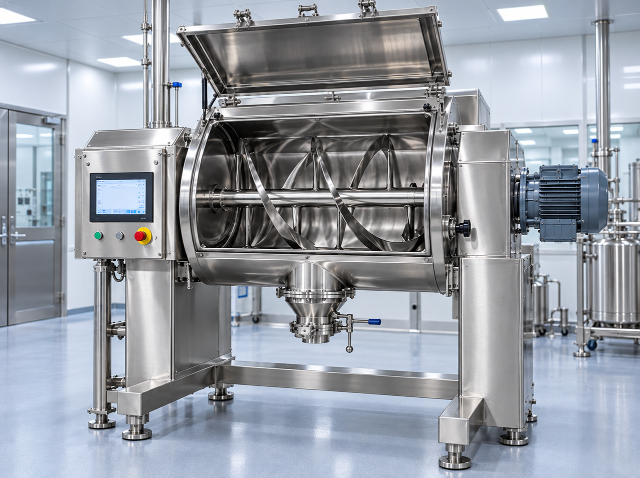 Stainless steel pharmaceutical ribbon mixer with an open mixing chamber, helical blades, control panel, and electric motor in a clean production facility.