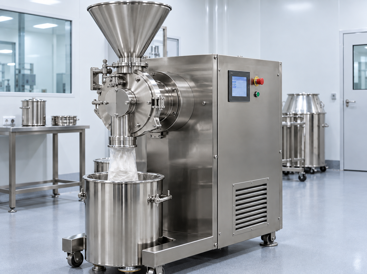 Pharmaceutical milling machine with a large feed hopper, enclosed milling chamber, digital control panel, and collection bin in a clean processing room.