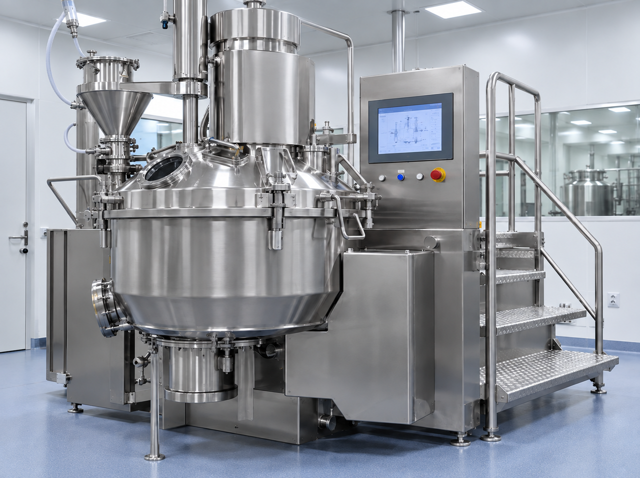 High-shear granulator with a large processing chamber, powder feed hopper, digital control panel, and access platform in a pharmaceutical production room.