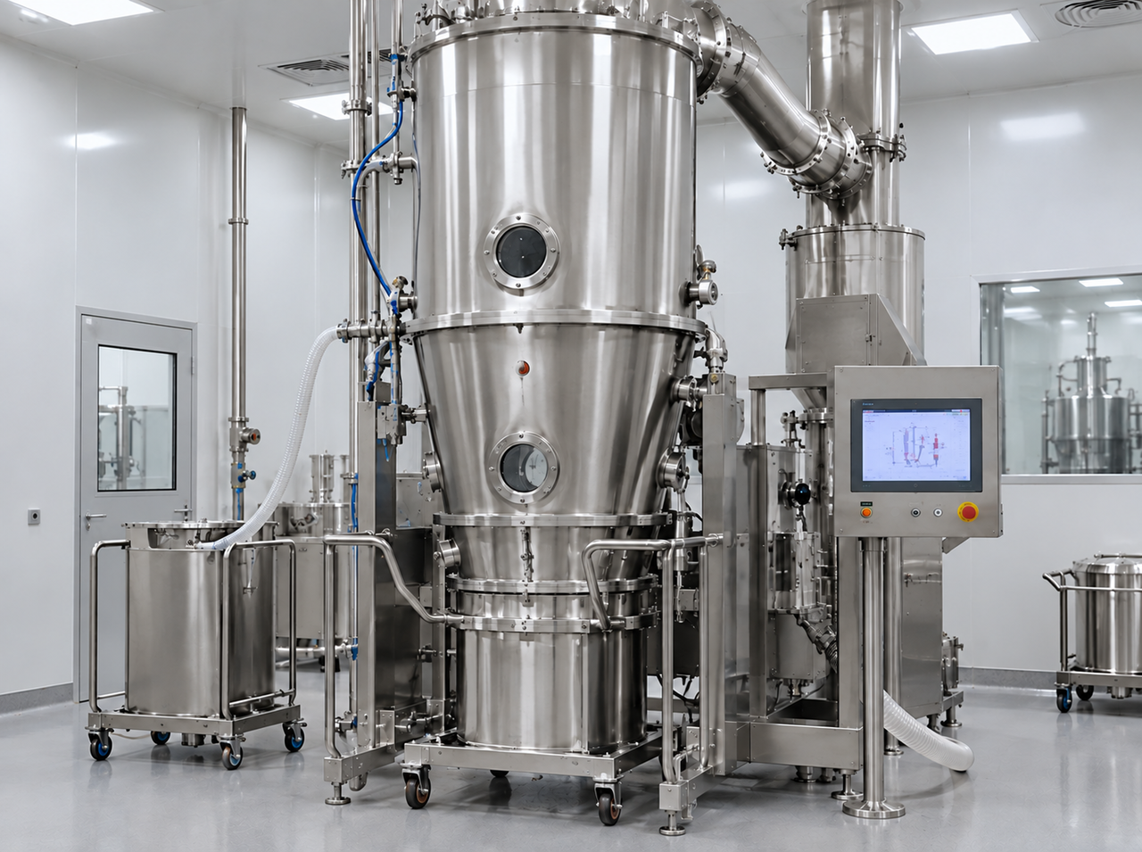 Fluid bed dryer with a tall drying chamber, air-handling ducts, control screen, product container, and connected process lines in a pharmaceutical facility.
