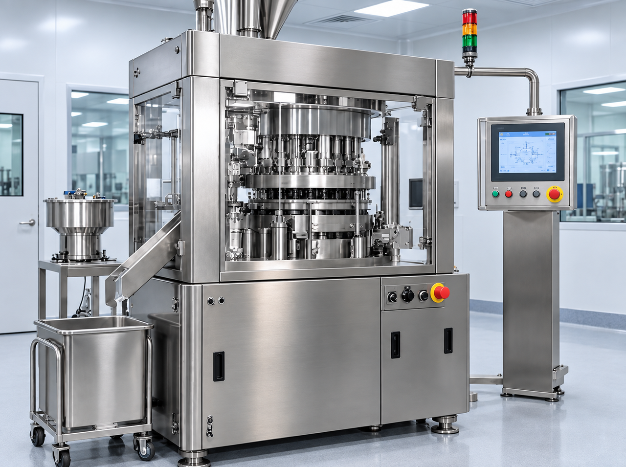 Tablet compression machine with a rotary turret, powder feed system, touchscreen controls, and tablet collection bin in a pharmaceutical production room.