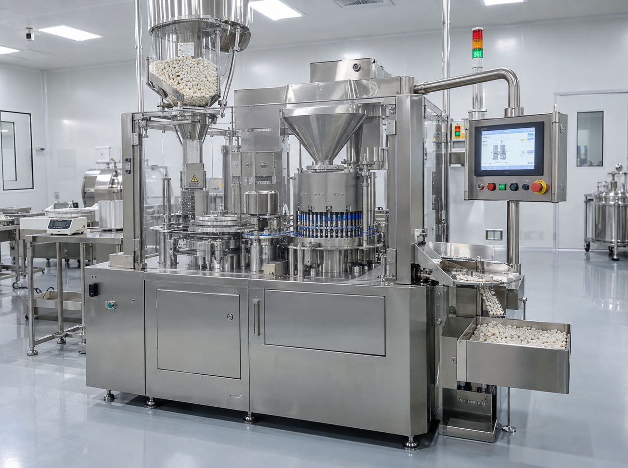 Automated capsule filling machine with capsule hopper, dosing system, touchscreen controls, and filled capsules collecting in an output tray.