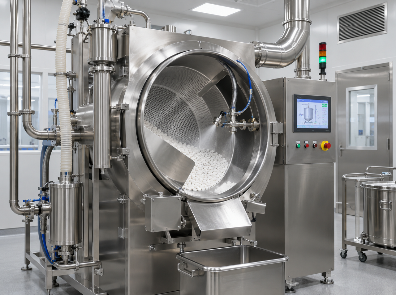 Tablet coating machine with a rotating perforated drum, spray system, airflow ducts, digital controls, and tablets inside the coating chamber.