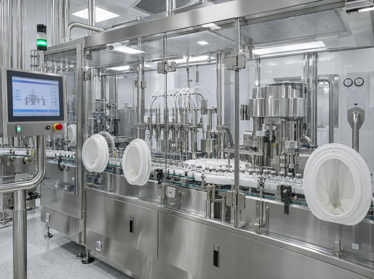 Aseptic filling machine with enclosed vial conveyor, multiple filling nozzles, capping station, glove ports, and touchscreen controls in a sterile production area.