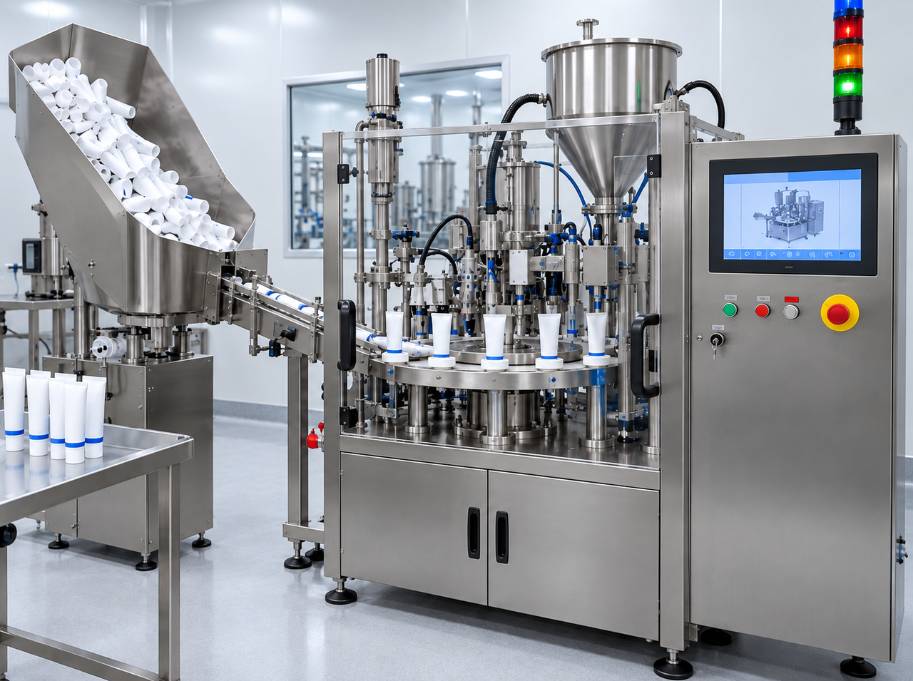 Tube filling machine with an automatic tube feeder, rotary filling station, product hopper, sealing system, and touchscreen controls in a pharmaceutical facility.