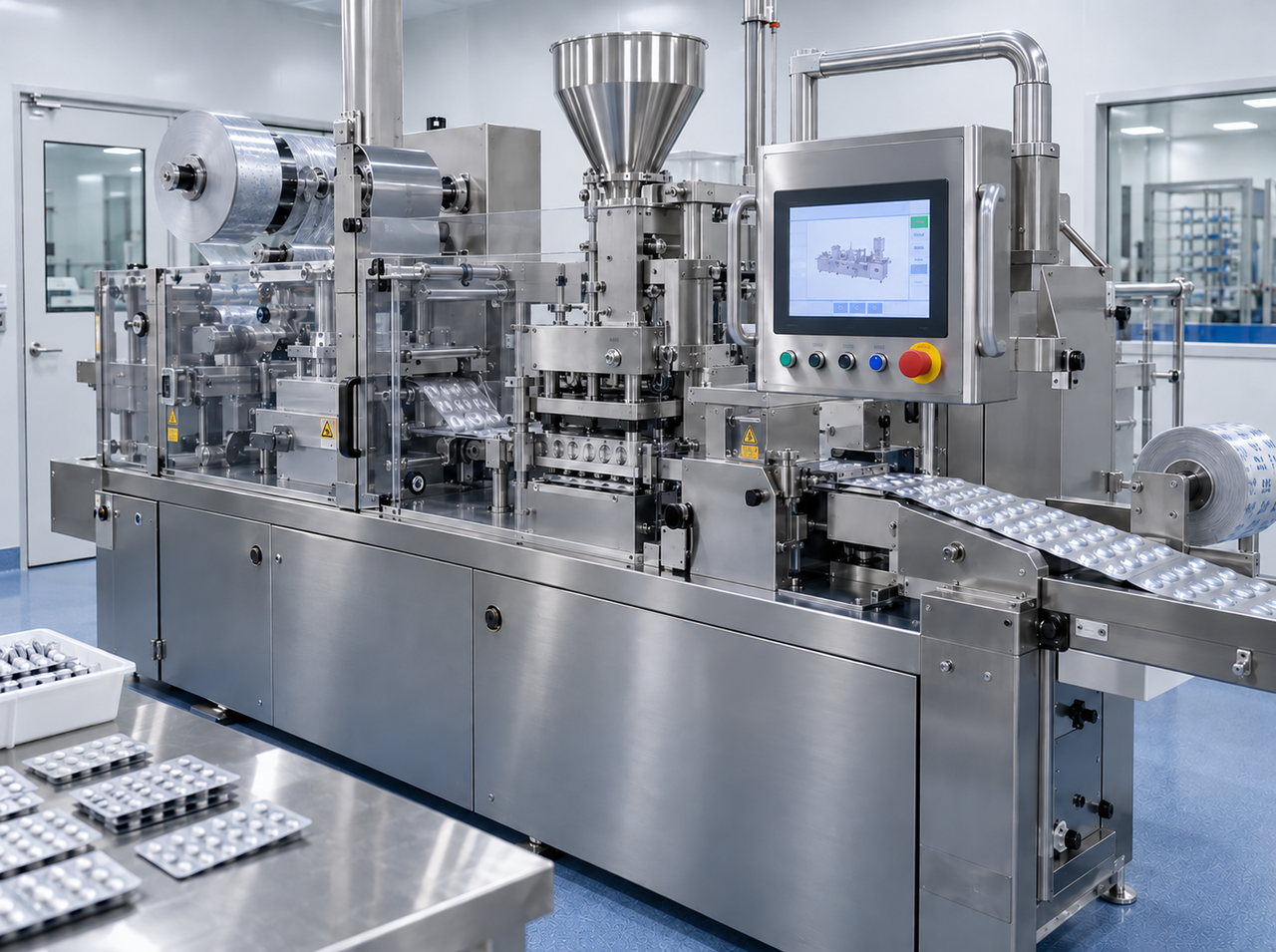 Blister packaging machine with tablet feed hopper, forming and sealing stations, film rolls, touchscreen controls, and finished blister packs moving along the conveyor.