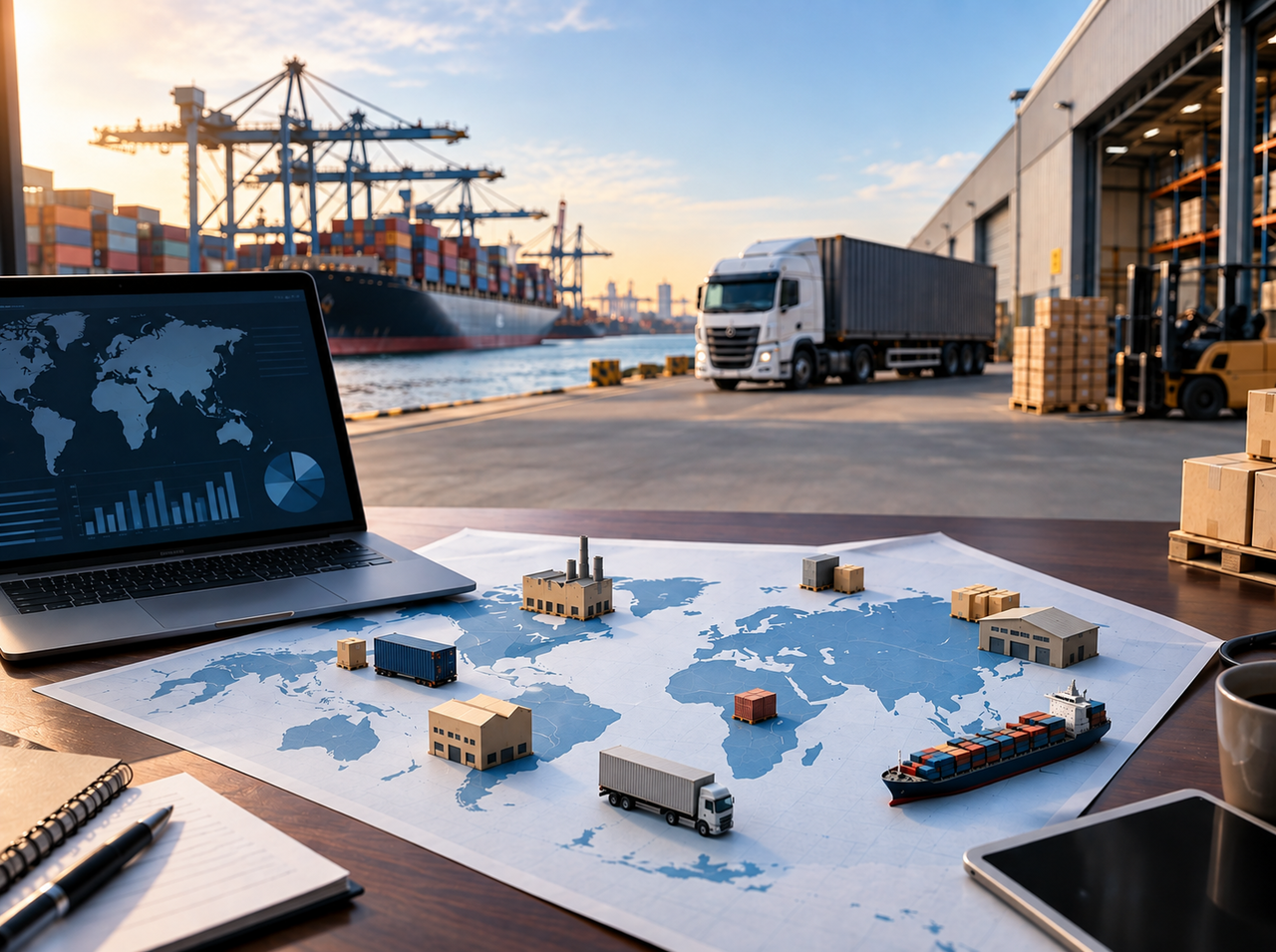 Supply chain mapping scene showing a world map with miniature factories, warehouses, trucks, cargo ships, and inventory locations, alongside a logistics dashboard.
