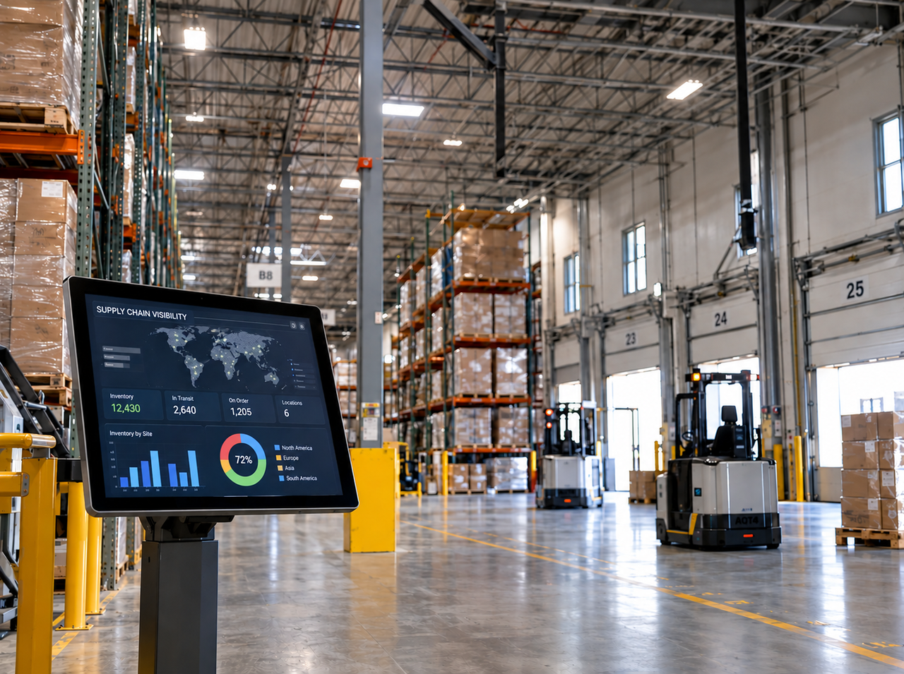 Warehouse supply chain visibility dashboard showing inventory levels, in-transit orders, locations, and analytics alongside stocked racks and automated forklifts.