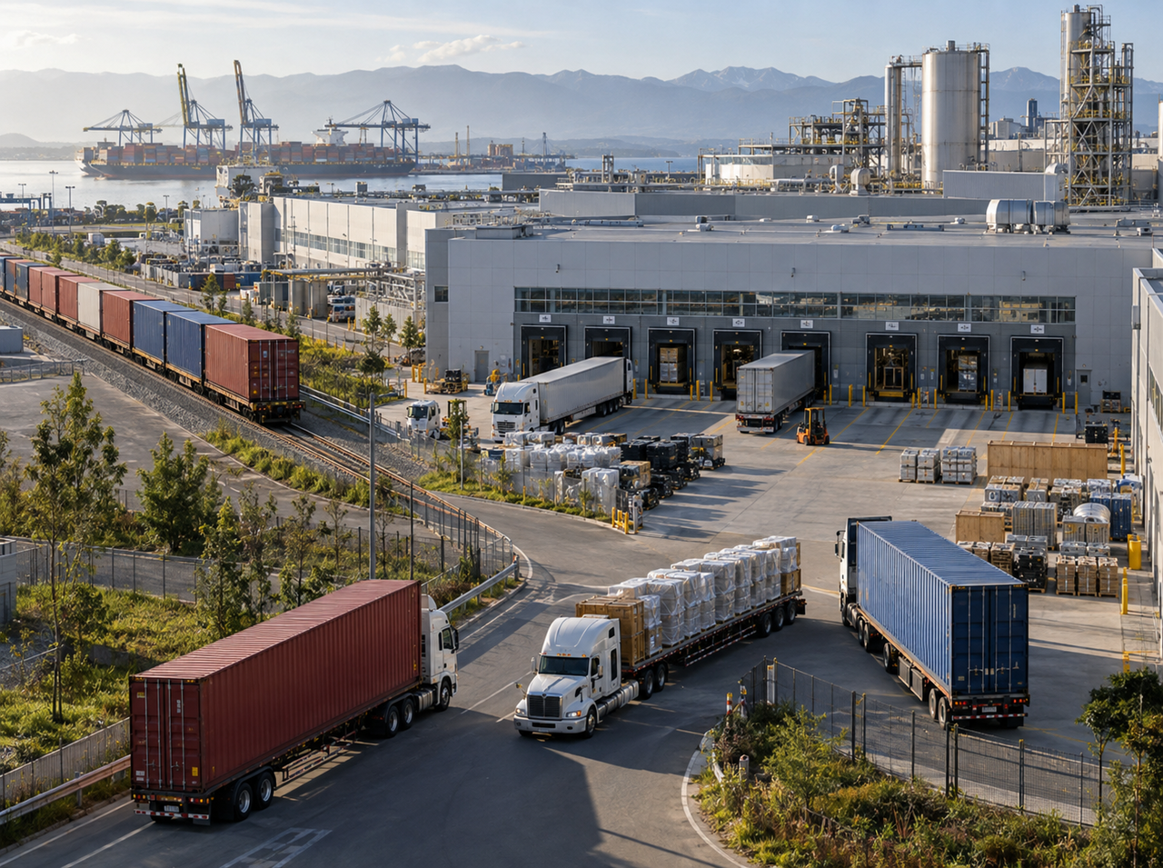 Industrial manufacturing and logistics hub with multiple trucks, rail freight, warehouses, and port operations representing a diversified supplier network and multiple sourcing routes.
