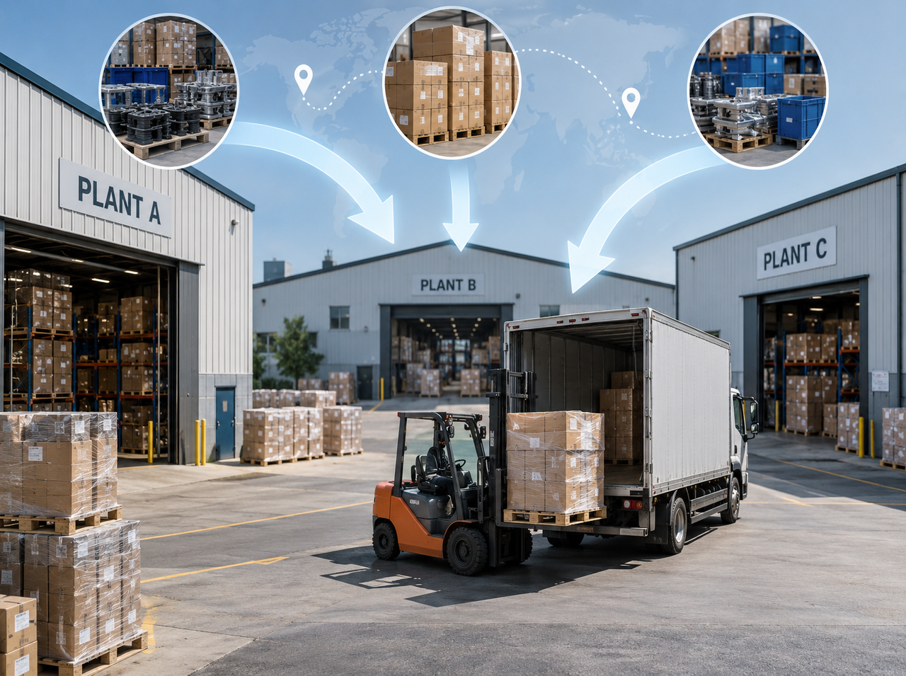 Inventory redeployment between multiple plants, showing pallets and components moved by forklift and truck from facilities with excess stock to locations that need it.
