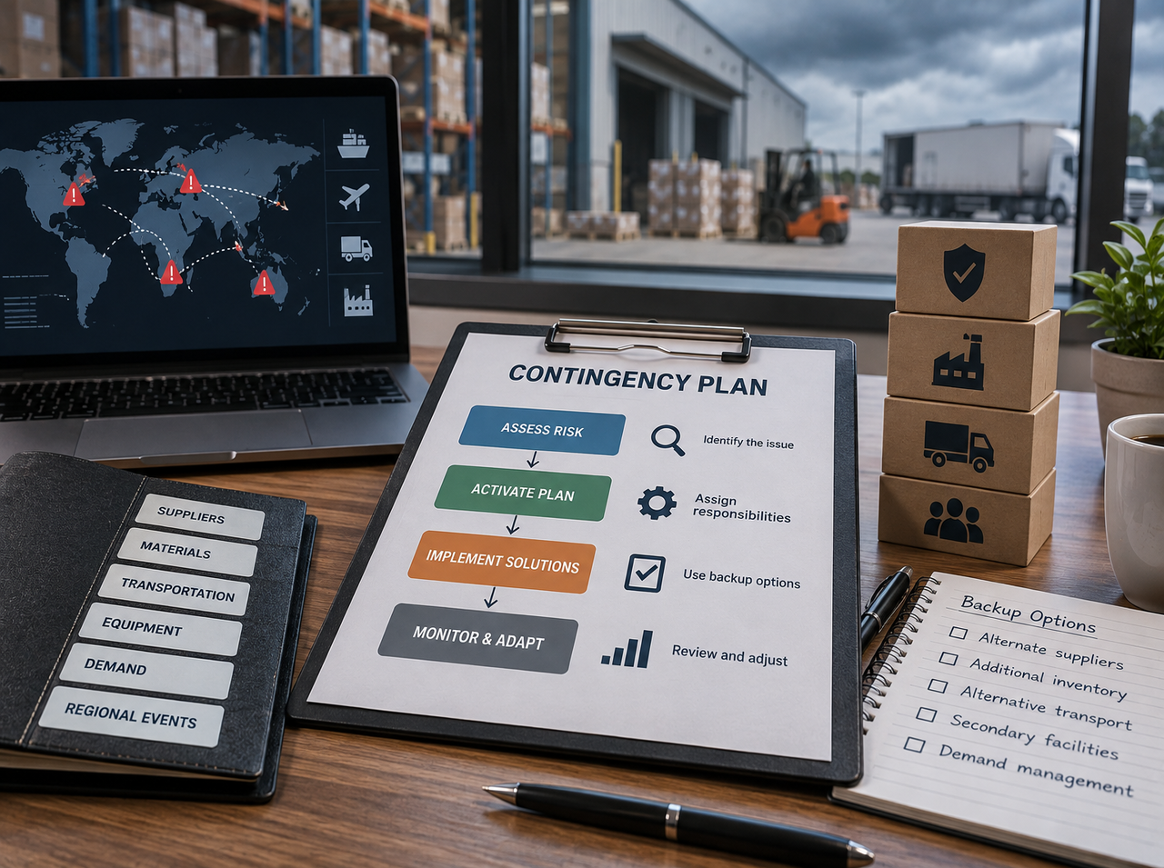 Supply chain contingency planning workspace showing a risk map, backup options checklist, response plan steps, and logistics scenarios for suppliers, materials, transportation, equipment, and demand disruptions.