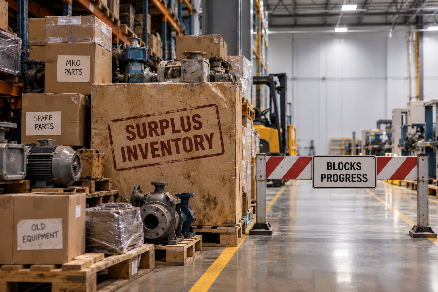 Surplus MRO parts and old equipment block a warehouse aisle, limiting space and delaying higher-priority operational work.