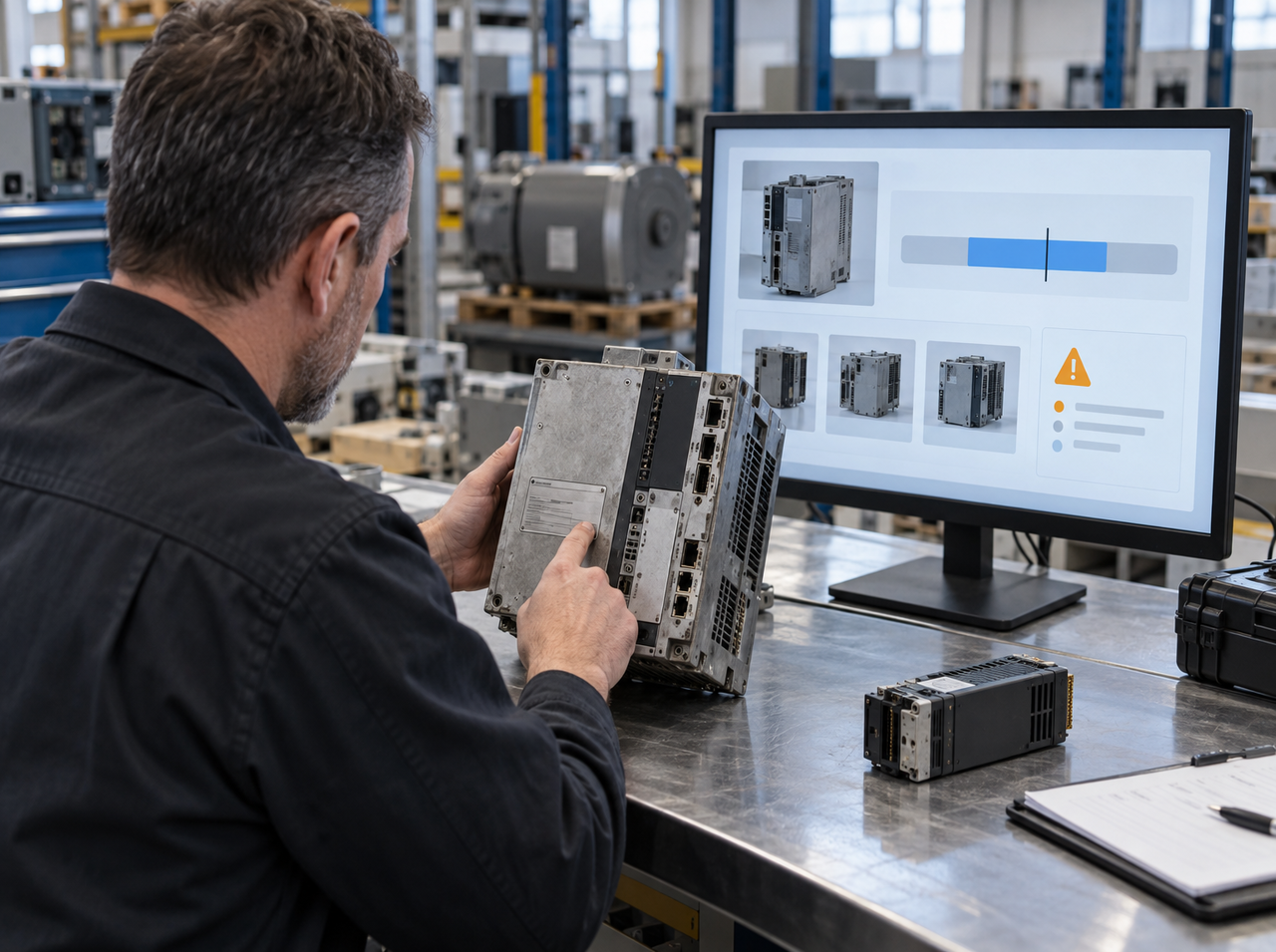 An industrial equipment appraiser inspects an electronic component beside a screen showing AI-generated asset matches, a valuation range, and a warning.