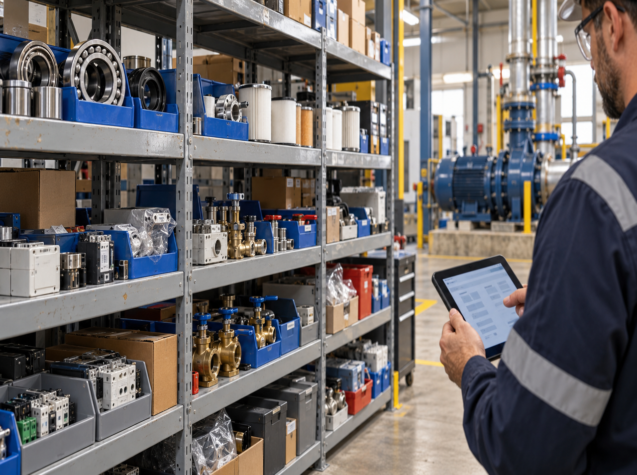 Maintenance worker checks a tablet beside organized shelves of industrial spare parts in a factory storeroom.