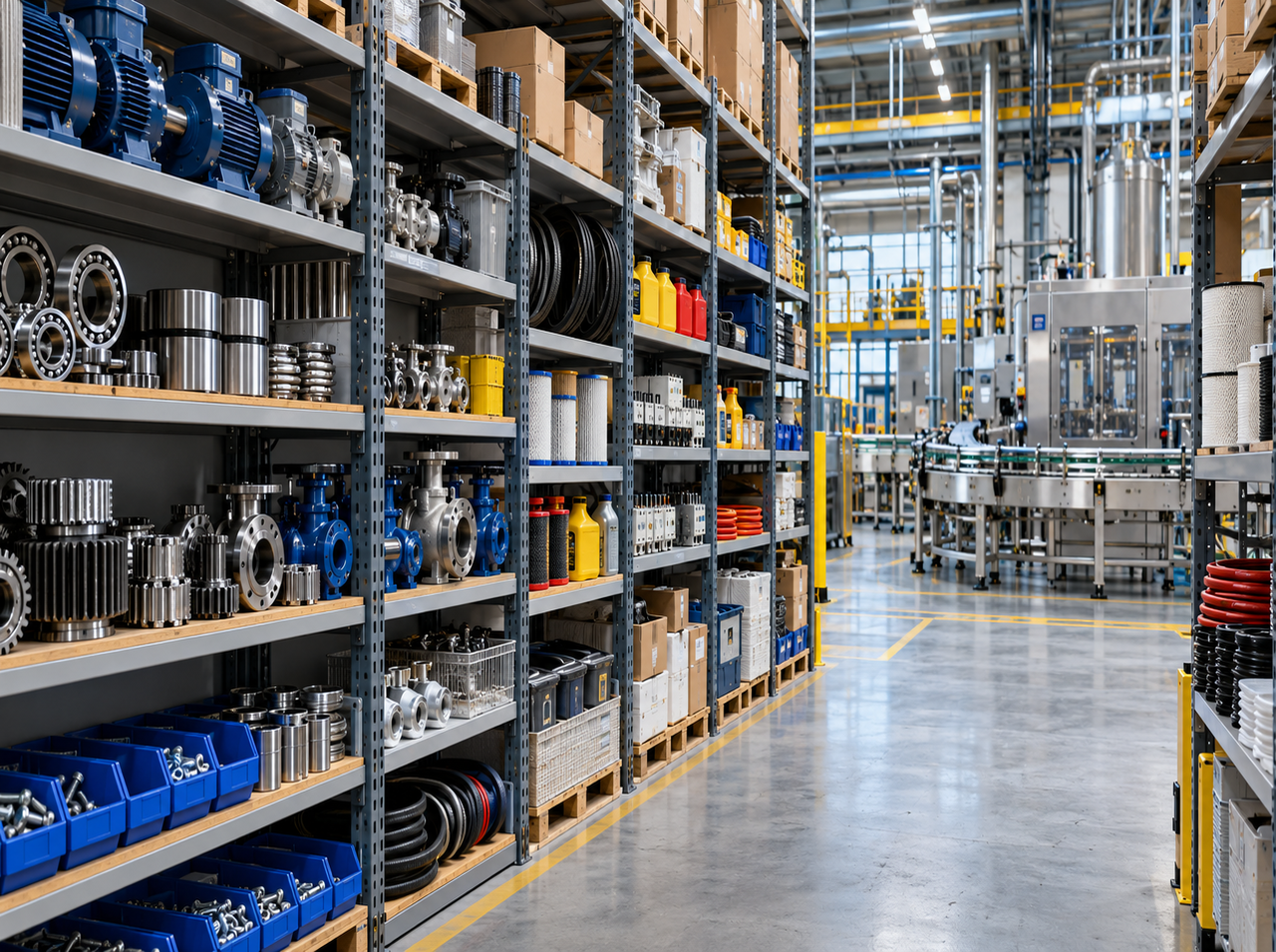 Organized MRO spare parts, tools, motors, bearings, and maintenance supplies stored on warehouse shelves beside industrial production equipment.