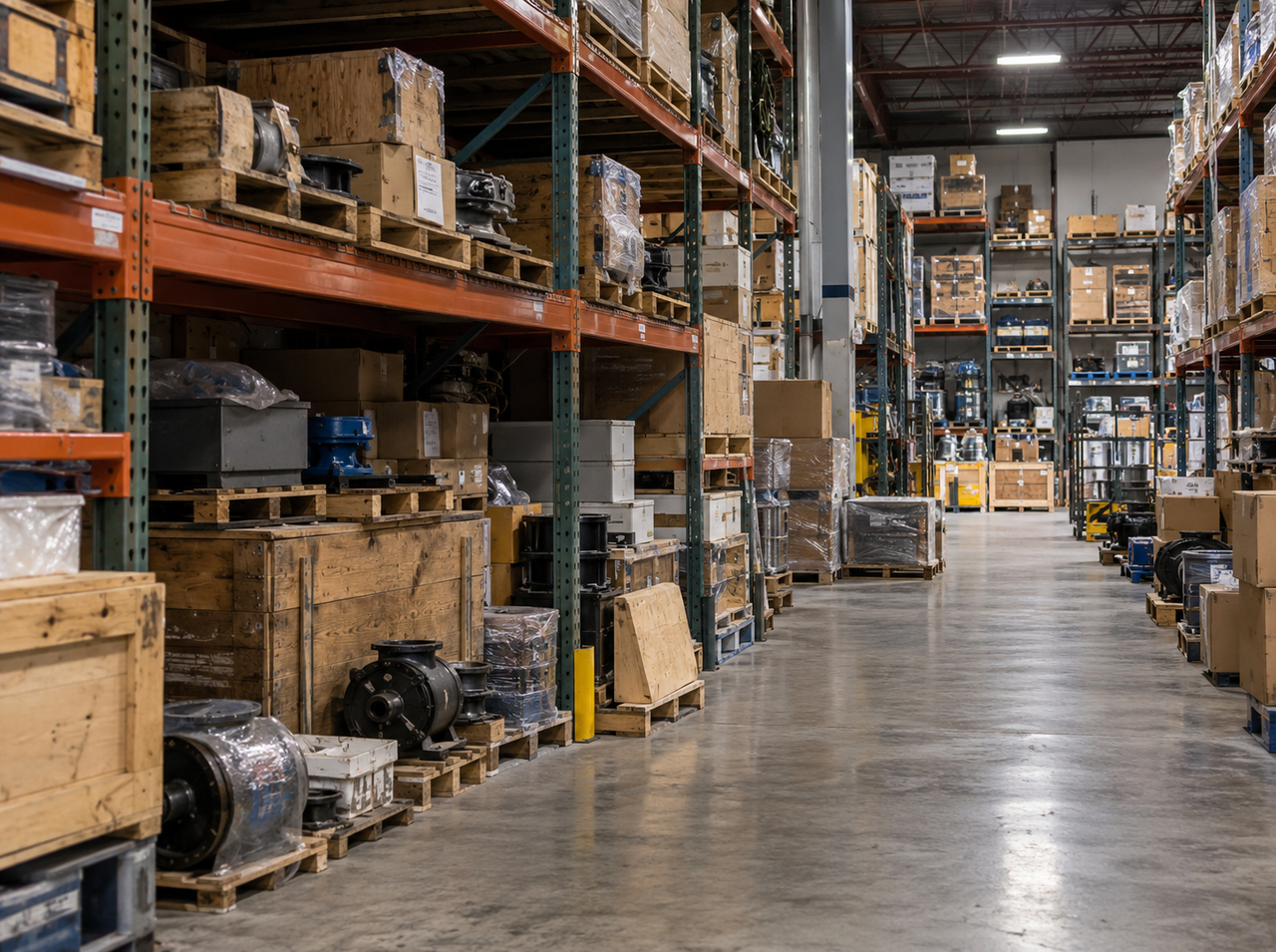 Industrial warehouse filled with stored machinery, spare parts, and equipment on shelves, representing hidden and underutilized inventory.