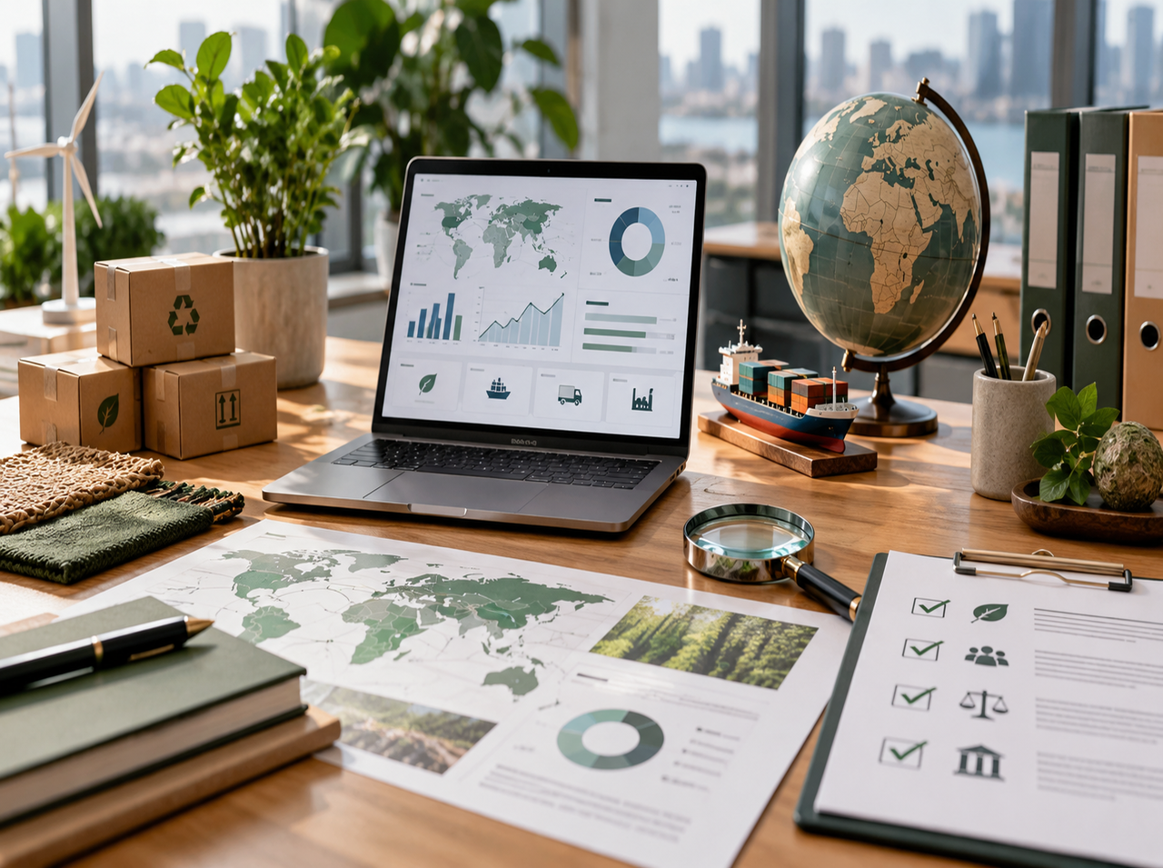 Responsible procurement workspace with sustainability reports, supplier performance data, recyclable packaging, and environmental compliance checklists.