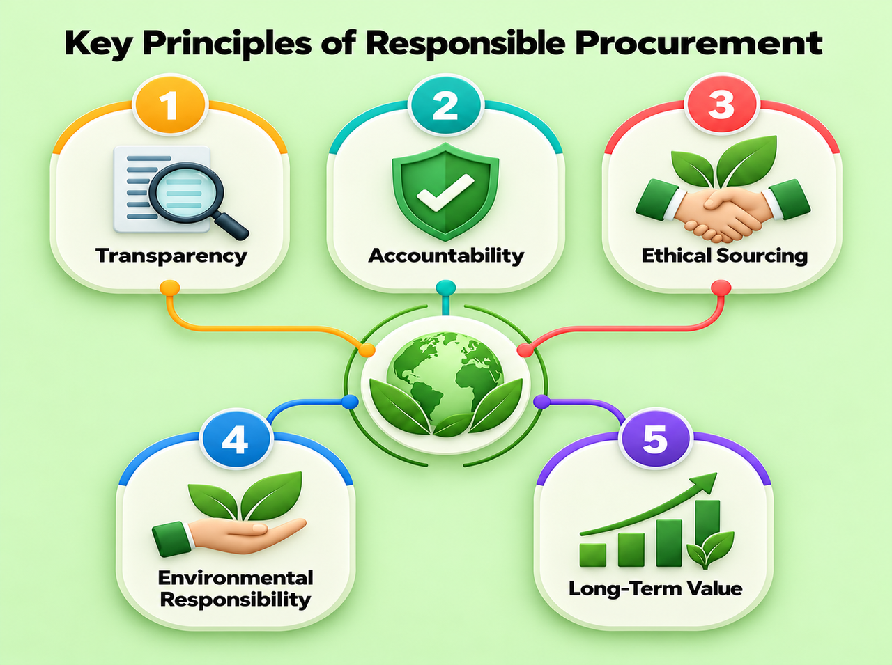 Infographic illustrating five key principles of responsible procurement: transparency, accountability, ethical sourcing, environmental responsibility, and long-term value.