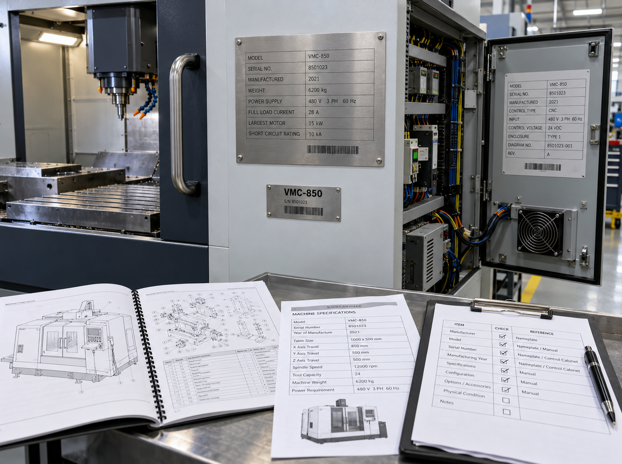 CNC machining equipment with manufacturer data plates, model and serial numbers, manufacturing year, technical manuals, and verification checklist for an equipment appraisal.