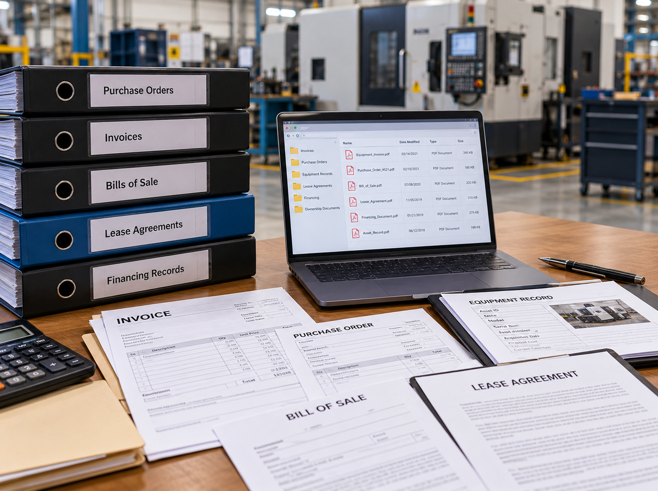 Equipment purchase and ownership records, including invoices, purchase orders, bills of sale, lease agreements, and financing documents, prepared for an industrial equipment appraisal.