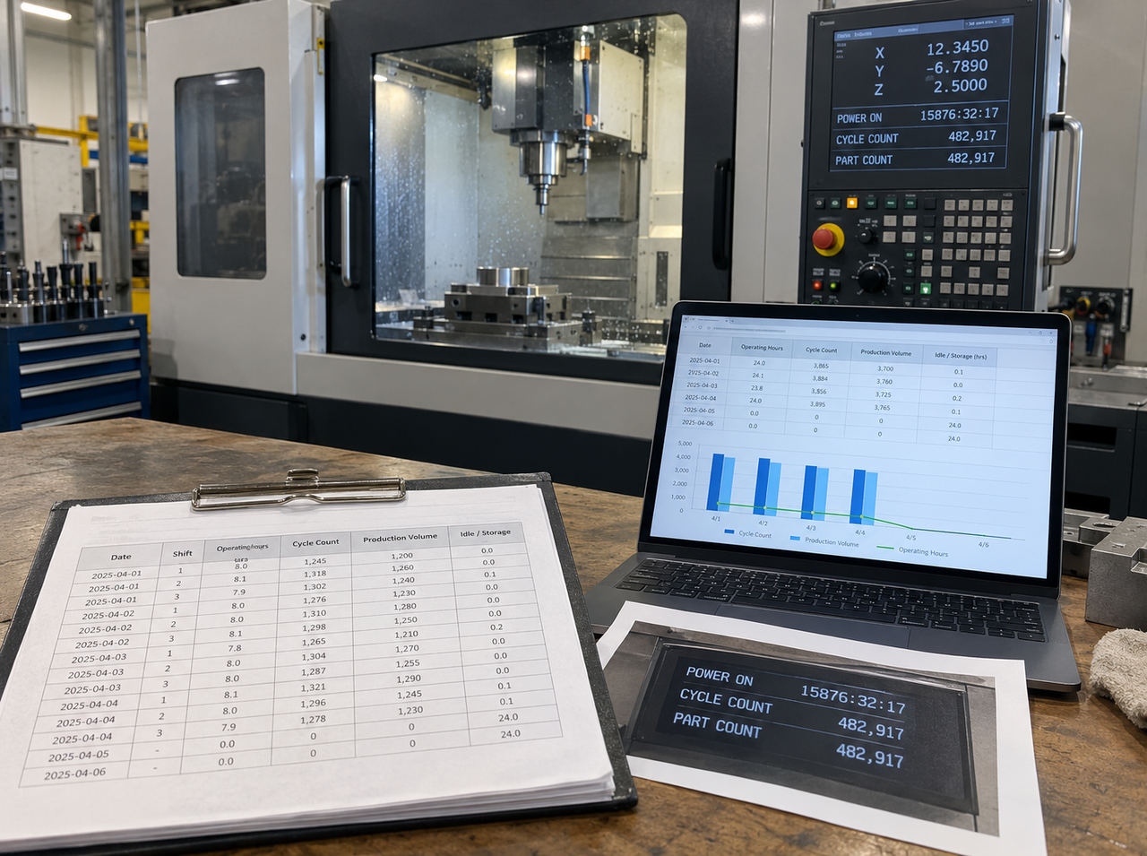 CNC machine with an operating hours display, cycle counts, production volume records, and usage history charts prepared for an industrial equipment appraisal.