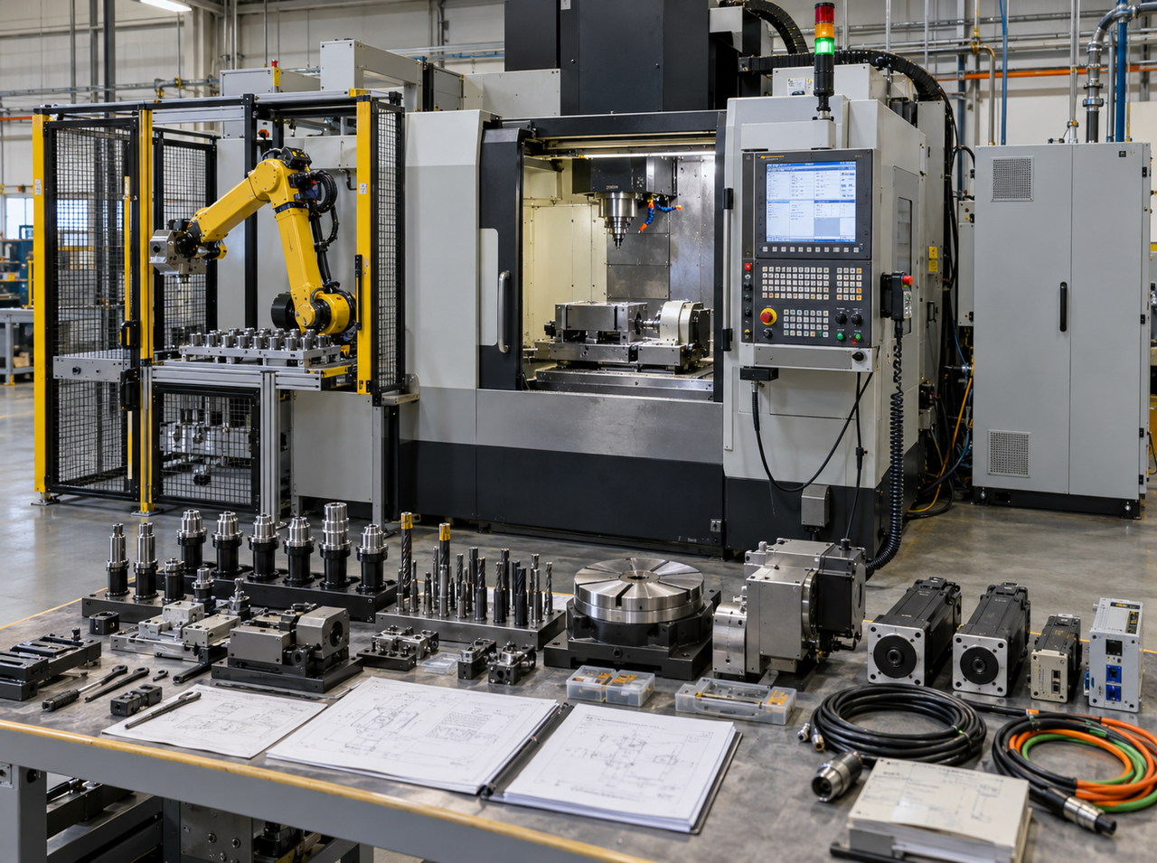 CNC machine with robotic automation, upgraded controls, tooling, attachments, spare parts, and technical manuals prepared for an industrial equipment appraisal.