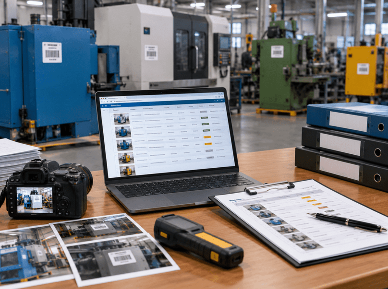 Complete equipment inventory preparation with a laptop displaying industrial asset records, barcode-labeled machinery, photographs, and appraisal documents.