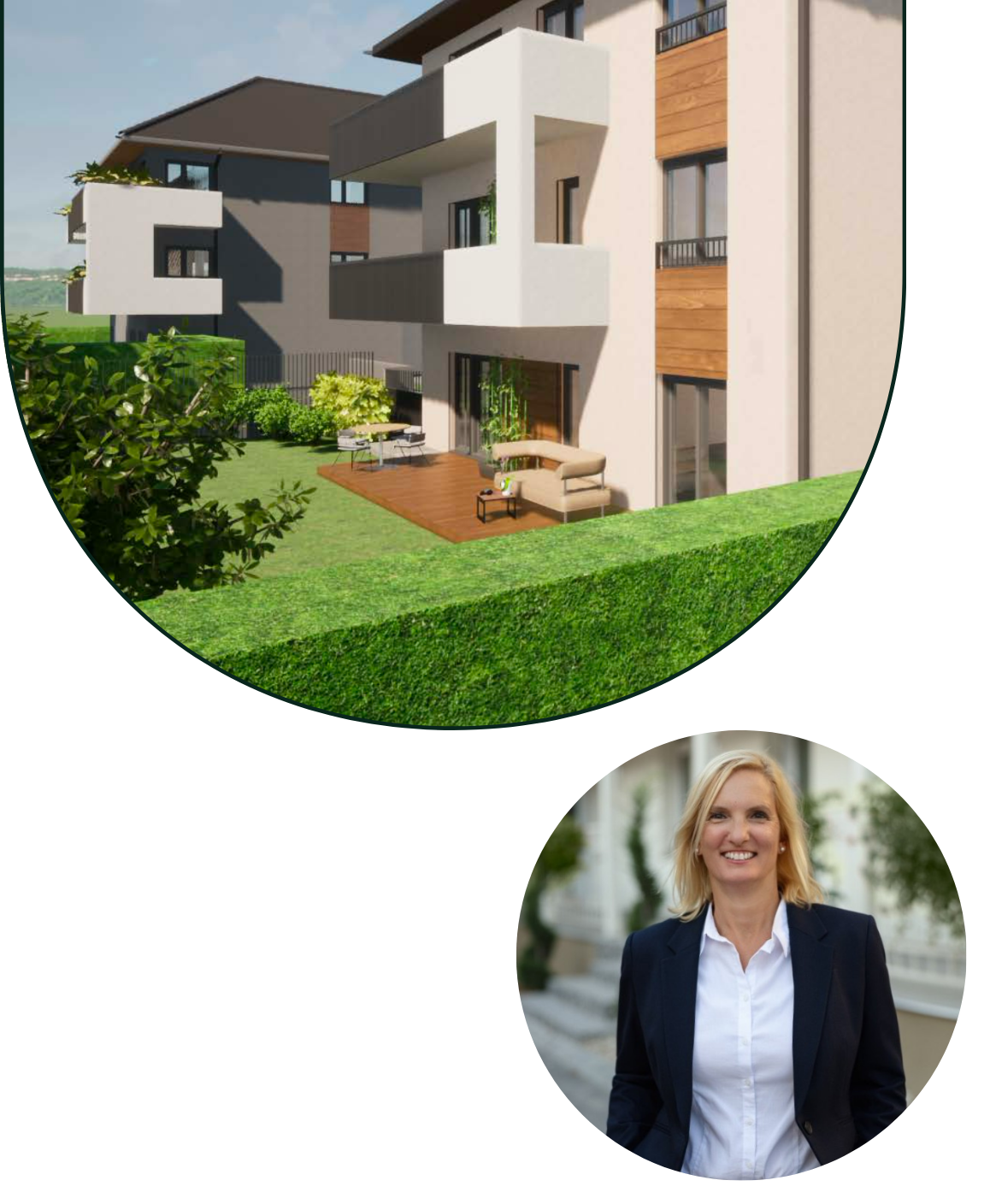 Modern residential building with white balconies and wooden accents overlooking a green lawn with outdoor seating, below a smaller circular photo of a smiling blonde woman in a navy blazer and white shirt.