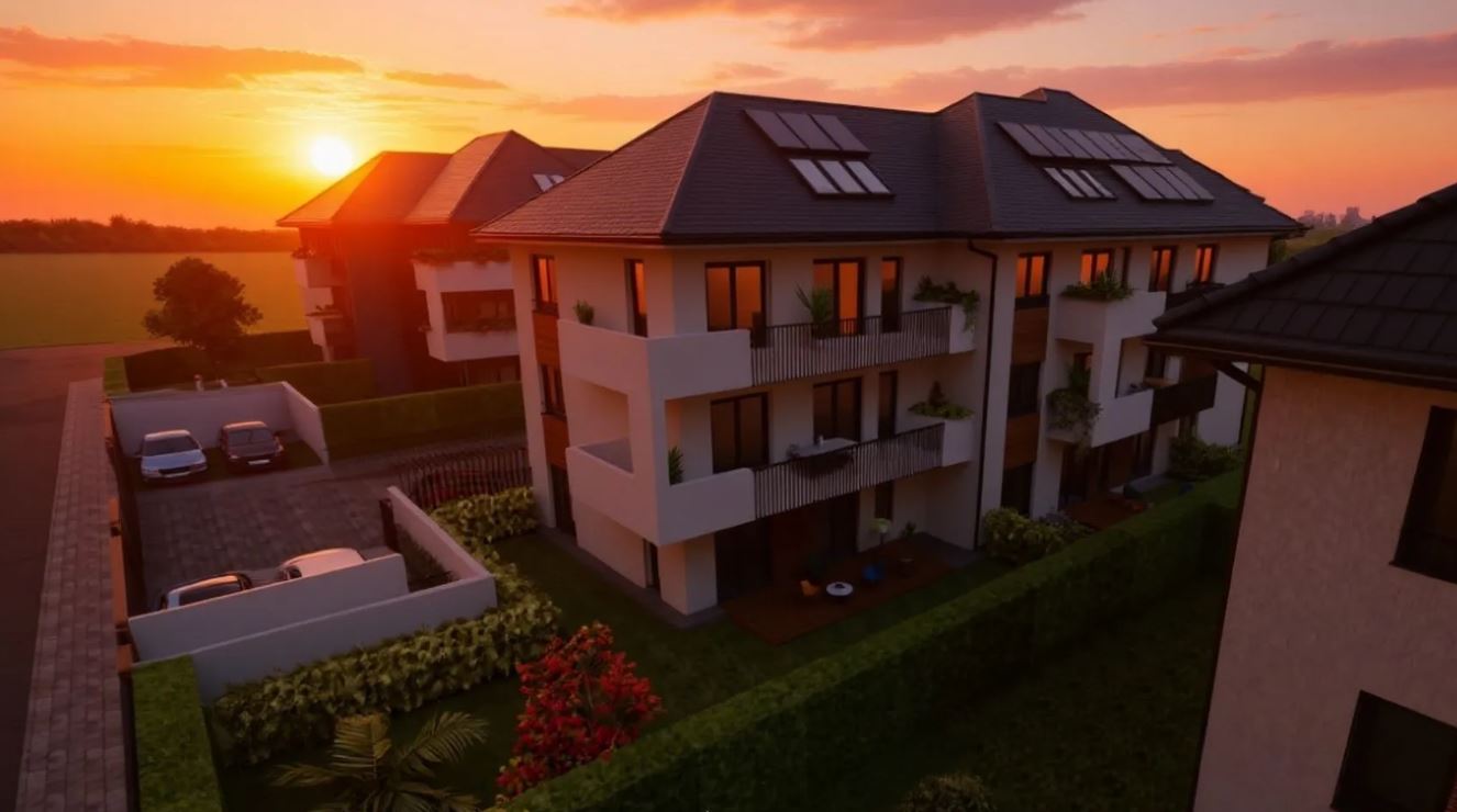 Modern apartment buildings with balconies and solar panels on the roof at sunset.